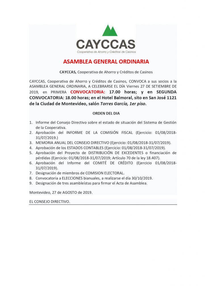 CONVOCATORIA ASAMBLEA ORDINARIA CAYCCAS