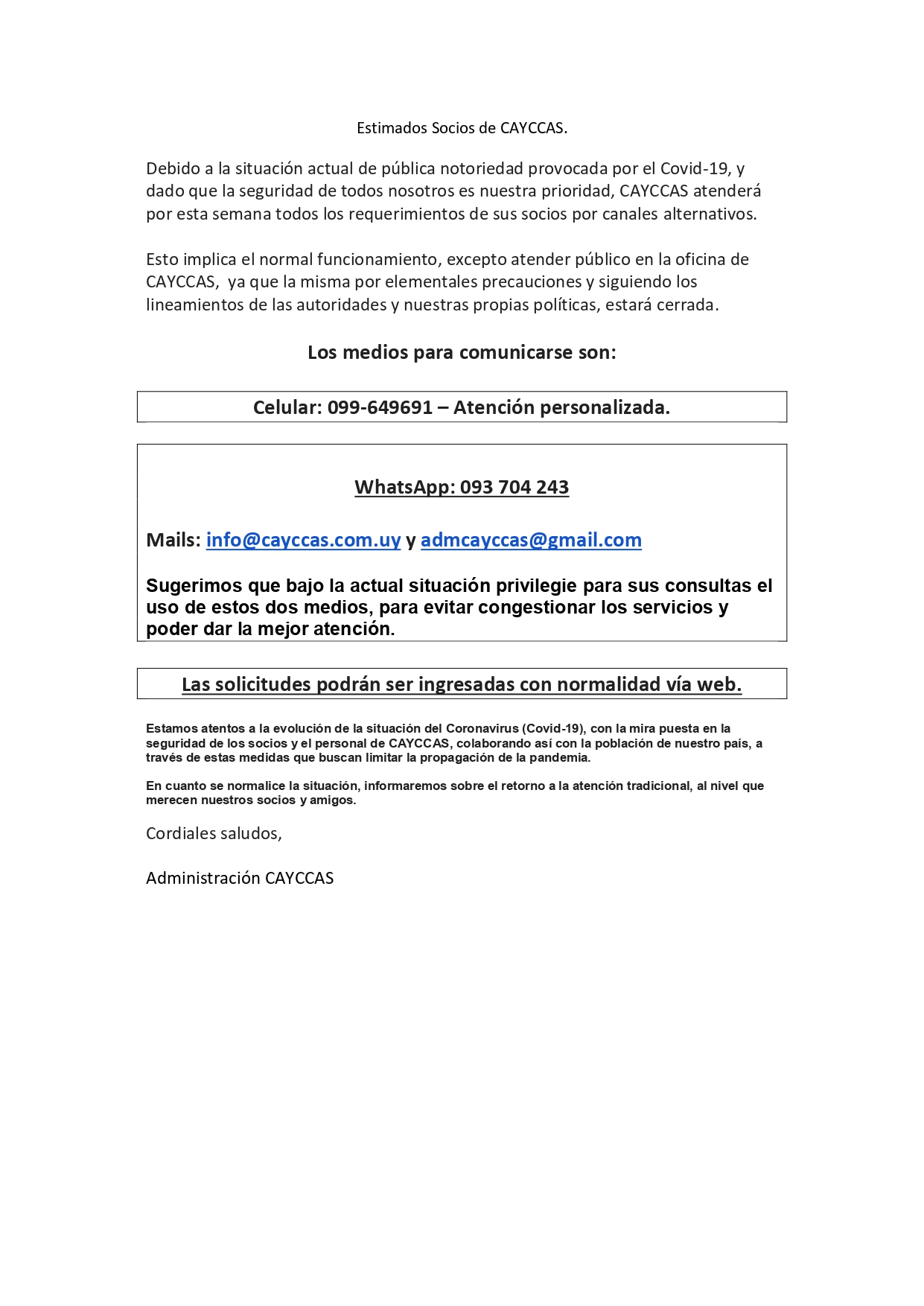 Estimados Socios de CAYCCAS